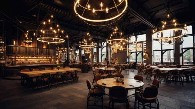 Several circular five headed chandeliers are hung in the industrial style restaurant, with several round tables, wooden