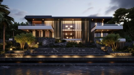 Obraz premium Spacious villa exterior dark modernism, sheer and opaque, nature inspired, mood lighting, linear elegance, metallic finishes