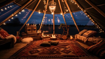 Amazing view of a old traditional teepee, many cushions on the ground, rugs, ambient lighting, romantic feeling, set on beautiful ground