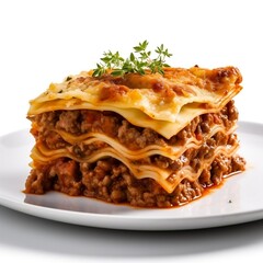 Lasagna Bolognese with isolated white background generative ai