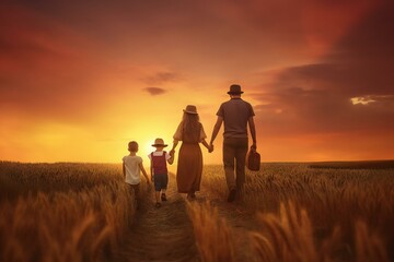Fototapeta na wymiar Happy family mother father children son and daughter in field during sunset. Generative AI