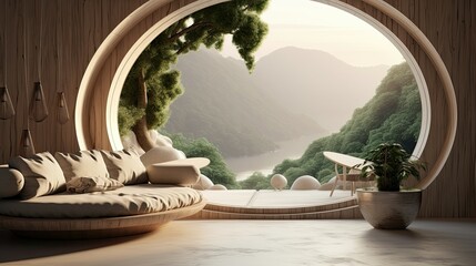Obraz na płótnie Canvas 3D render of a cozy welcoming room that combines nature and futuristic style with a wood round window, bringing the Vast fantasy landscape of the ethereal outside light inside, nature to the best