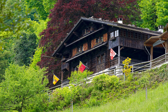 Scenic view of famous R&uuml;tli meadow where the foundation of historic Switzerland took place by the three cantons Uri, Schwyz and Unterwalden. Photo taken May 18th, 2023, R&uuml;tli, Switzerland.