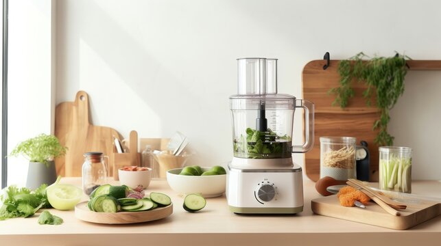 minimalist kitchen workspace with a food processor and vegetables, symbolizing efficiency in food preparation
