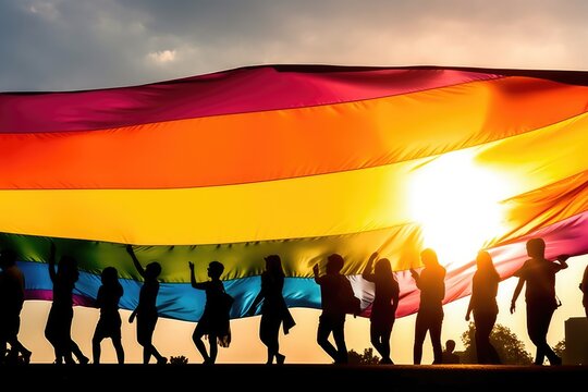 People with rainbow flag on pride parade