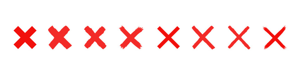Red cross sign. Brush x symbol. Wrong mark vector icon sign set. Isolated red crosses on white background.