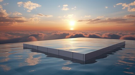 a giant pool floating high above the clouds at sunset