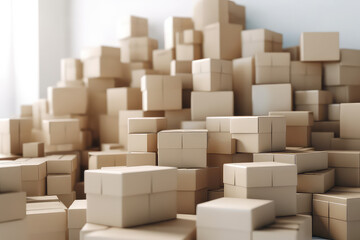 Huge pile of  many cardboard plain boxes on white background. Lots of of kraft simple boxes. Creative wallpaper concept of moving, transportation, housewarming , delivery company. Generative AI photo.