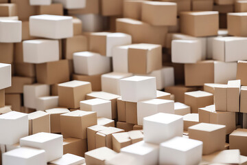 Huge pile of  many cardboard plain boxes on white background. Lots of of kraft simple boxes. Creative wallpaper concept of moving, transportation, housewarming , delivery company. Generative AI photo.