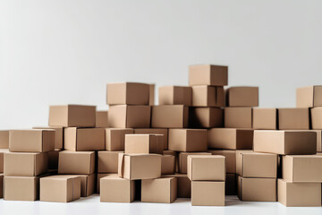 Obraz premium Huge pile of many cardboard plain boxes on white background. Lots of of kraft simple boxes. Creative wallpaper concept of moving, transportation, housewarming , delivery company. Generative AI photo.