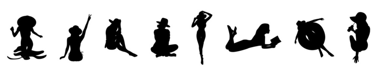 Fototapeta na wymiar A set of beautiful silhouette girls in black color on white background for webs, banners, cards