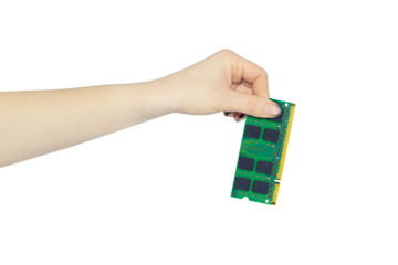 RAM, RAM board, Random Access Memory isolated in hand isolated from background, concept of hand over or throw away