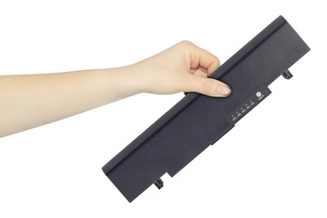 laptop battery in hand isolated from background, concept of hand over or throw away