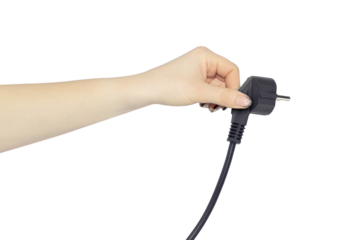 Electric European plug in hand. The concept of saving electricity or charging. Black power cable with plug in hand