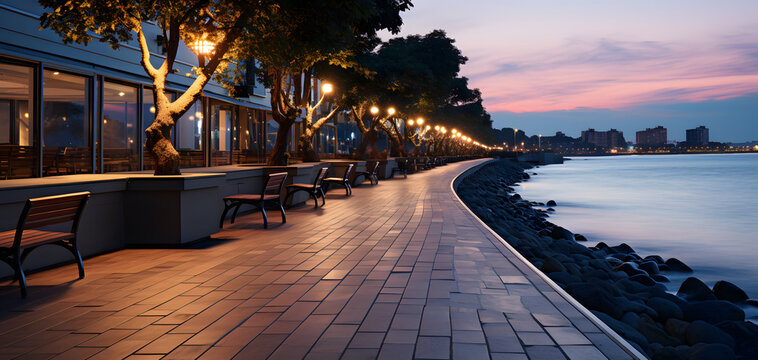 The Waterfront At Dusk By The Ocean With No People