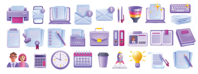 3D business vector icon set, work office stationery kit, management calendar, laptop screen document. Reception workplace object collection, colleague avatar, person ID, startup project. Business icon
