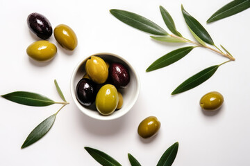 Fresh olives with olive oil on white background, top view. Generative AI.