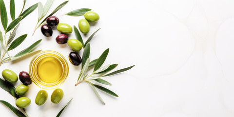 Fresh olives with olive oil on white background, top view, copy space. Generative AI.