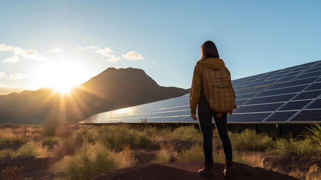 A woman visits a solar farm learning about the history and future of solar energy.