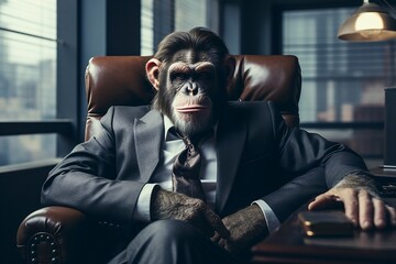 A chimpan sitting at a desk with his hands on his head. AI - obrazy, fototapety, plakaty