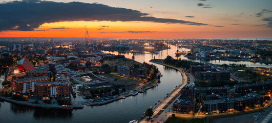 The Main Town of Gdansk by the Motlawa river at sunset, Poland.