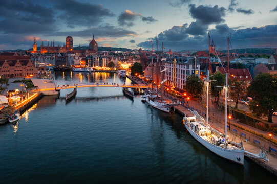 The Main Town of Gdansk by the Motlawa river at sunset, Poland.