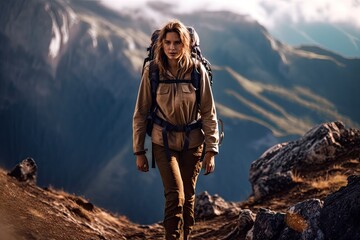 Woman hiking up a rocky trail to reach a mountaintop.