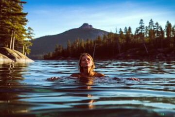 Woman enjoying a refreshing swim in a crystal-clear sea.