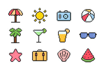 summer pixel set of icons, vintage, 8 bit, 80s, 90s games, computer arcade game items, beach umbrella, sun, sunglasses, juice, palm, seashell, sea star, suitcase, watermelon, ball, camera