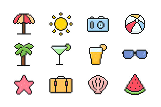 summer pixel set of icons, vintage, 8 bit, 80s, 90s games, computer arcade game items, beach umbrella, sun, sunglasses, juice, palm, seashell, sea star, suitcase, watermelon, ball, camera