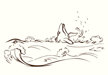 Vector drawing. Whale swims in the sea