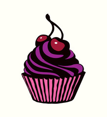 Vector drawing. Cake with cherries