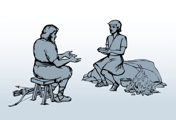 Vector drawing. Jacob gives soup to Esau
