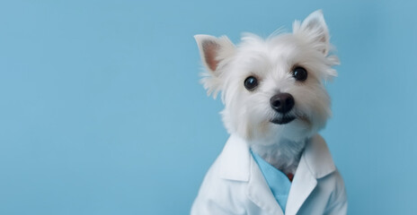 Doctor dog in a medical coat on a blue background with space for text. AI generation
