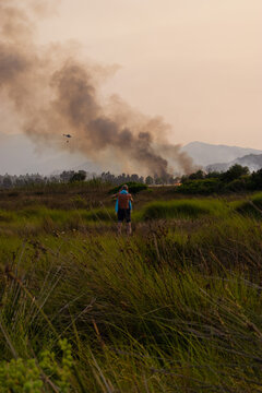 Smoke from forest fires rising over a beach in sardinie. Global warming. fire in nature.