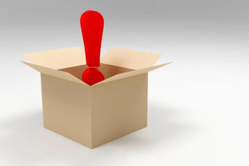 3d render red glass exlamation mark in a box