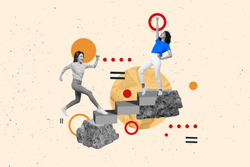 Collage portrait of two excited black white effect girls run climb stairs rock top point finger up isolated on beige background - obrazy, fototapety, plakaty