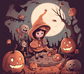 Halloween background with pumpkin and witch