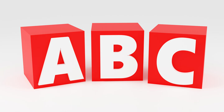 3d Bright red cubes on white background saying ABC