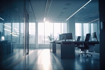 Beautiful blurred background of a light modern office interior with panoramic windows and beautiful lighting. Ai generative.