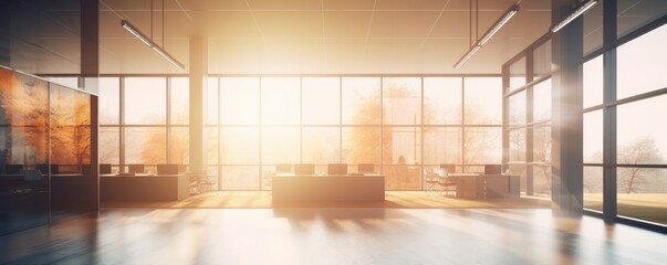 Beautiful blurred banner background of a light modern office interior with panoramic windows and beautiful lighting. Ai generative.