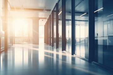 Obraz premium Beautiful blurred background of a light modern office interior with panoramic windows and beautiful lighting. Ai generative.