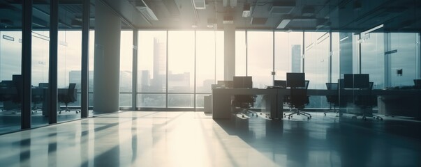 Beautiful blurred banner background of a light modern office interior with panoramic windows and beautiful lighting. Ai generative.