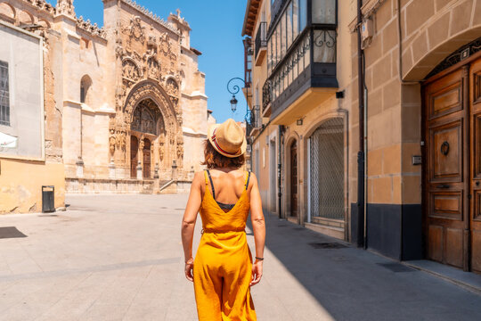 Woman visiting the church of Santa María la Real in Aranda de Duero in the province of Burgos. Spain