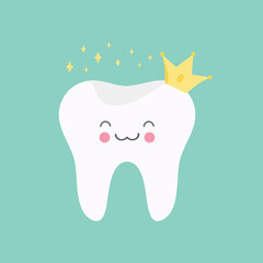 Healthy and happy tooth. Cartoon smiling tooth in a crown with gold shining stars. Vector illustration