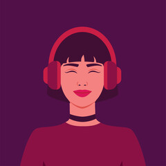 Young woman listening to music in headphones. Smiling Girl in headphones. Music therapy. Avatar. Vector illustration