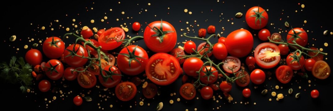 A bunch of red tomatoes on a black surface. Generative AI image.