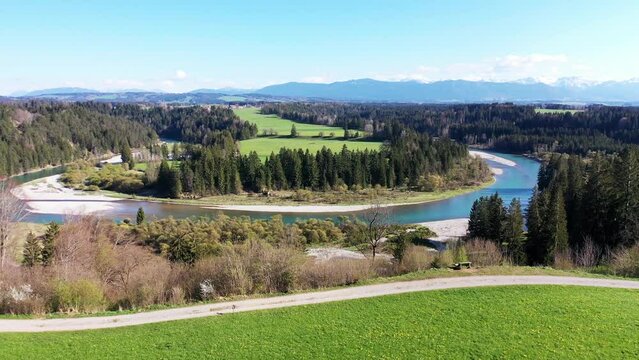 Drone video of the Lech at the Litzauer Schleife in nice weather. Burggen, Bernbeuren, Weilheim-Schongau, Upper Bavaria, Bavaria, Germany, Europe
