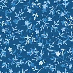Seamless pattern. Blue flowers and leaves on dark blue background. Floral print - 621873904
