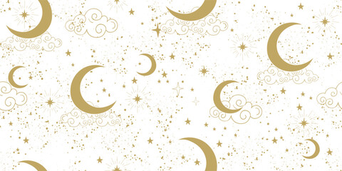 Celestial mystical moon seamless pattern, golden stars and crescent on white background, boho ornament for tarot, astrology, zodiac signs, cosmic vector illustration.